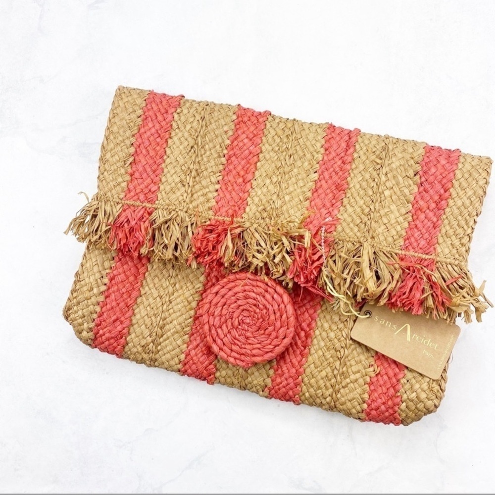 Woven Straw Clutch with Coral Accents